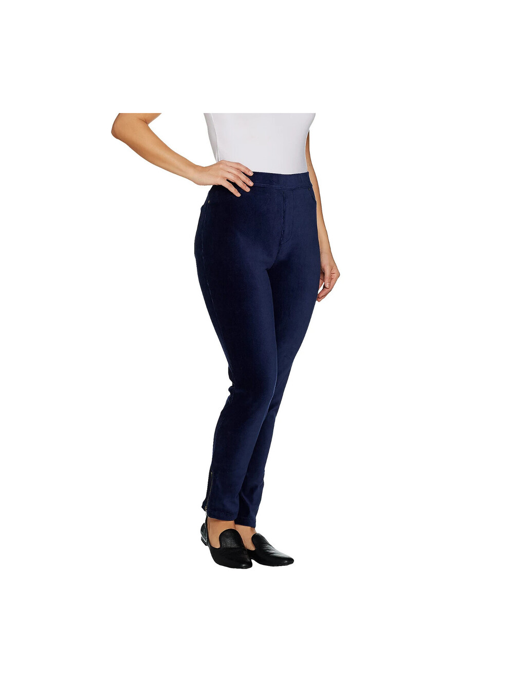 Susan Graver Regular Knit Corduroy Straight Leg Pull-On Pants Navy, Small #30Q